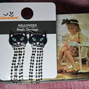 Black Cat Tassel Earrings (Silvertone)